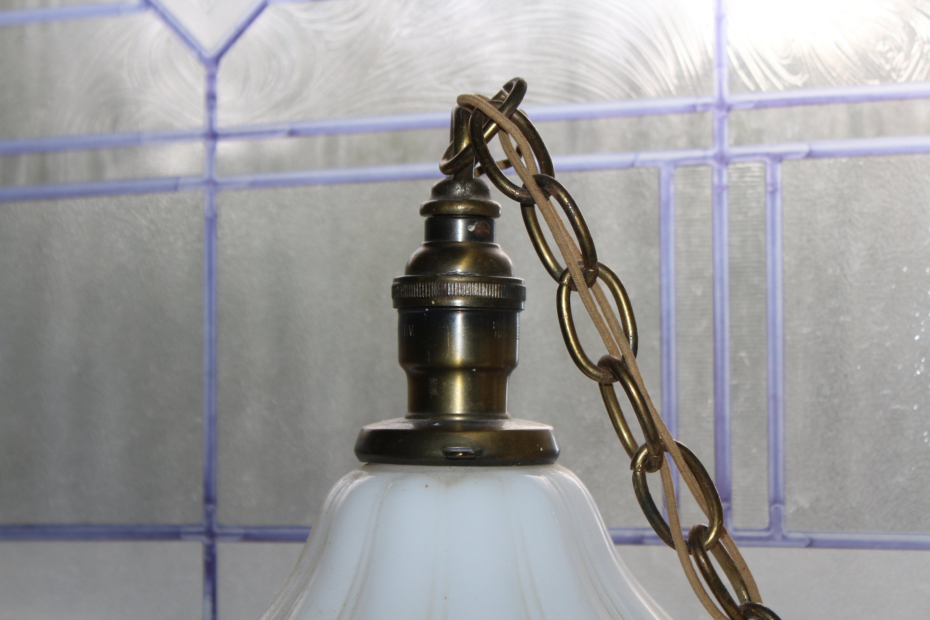 Vintage 30s Hanging Pendant Light Fixture with Ribbed Milk Glass Shade