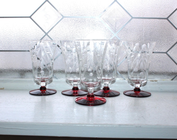 5 Vintage Art Deco Clear Wheel Cut Juice Glasses with Red Bases