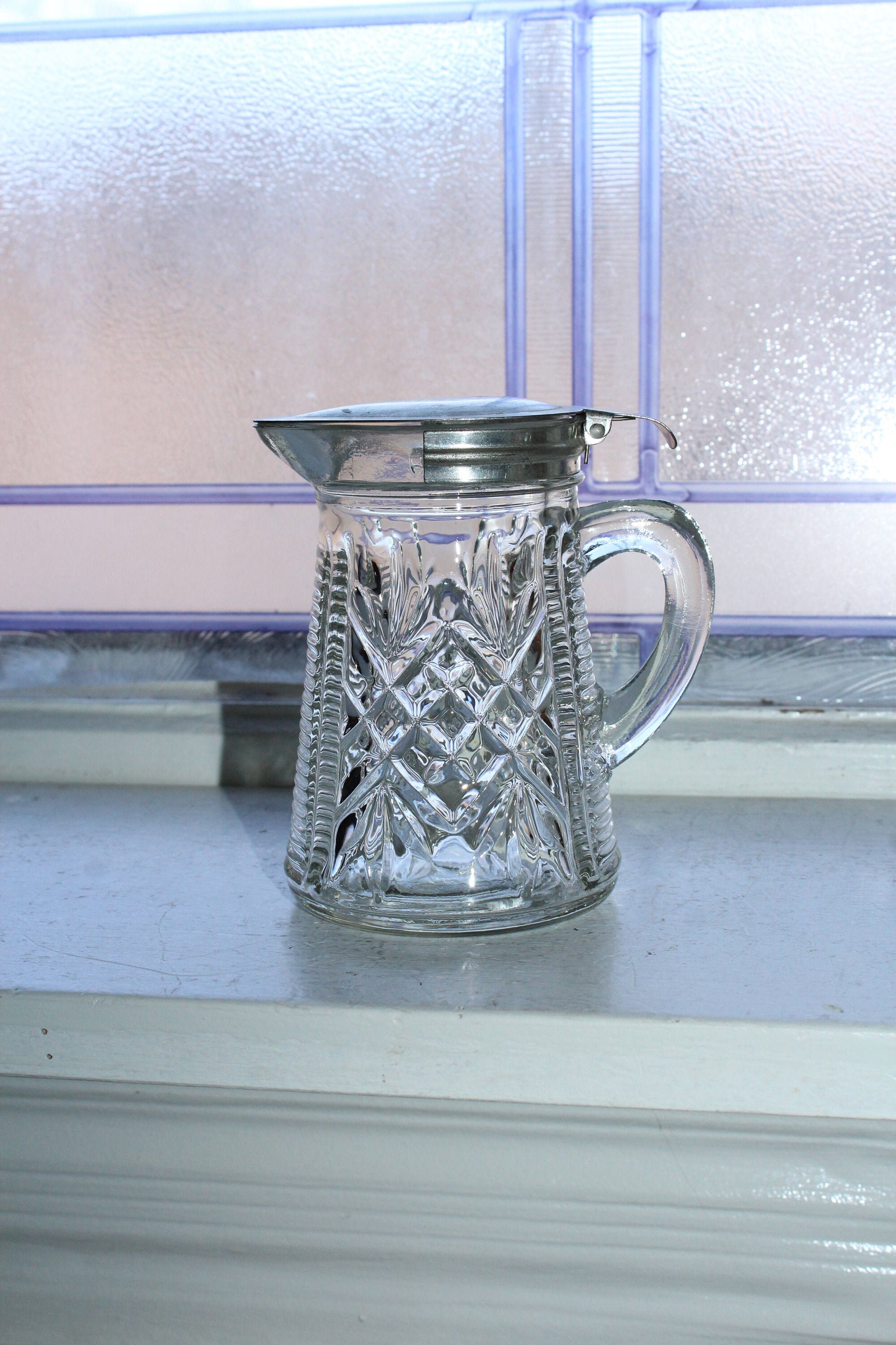 Pressed Glass Syrup Pitcher with Tin Lid Vintage Kitchen Decor Creamer