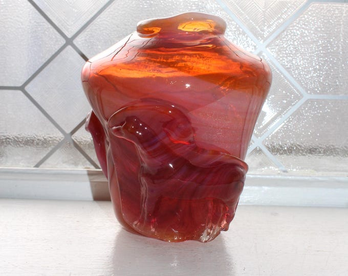 Vintage Studio Art Glass Orange Vase with Molded Horse and Cow