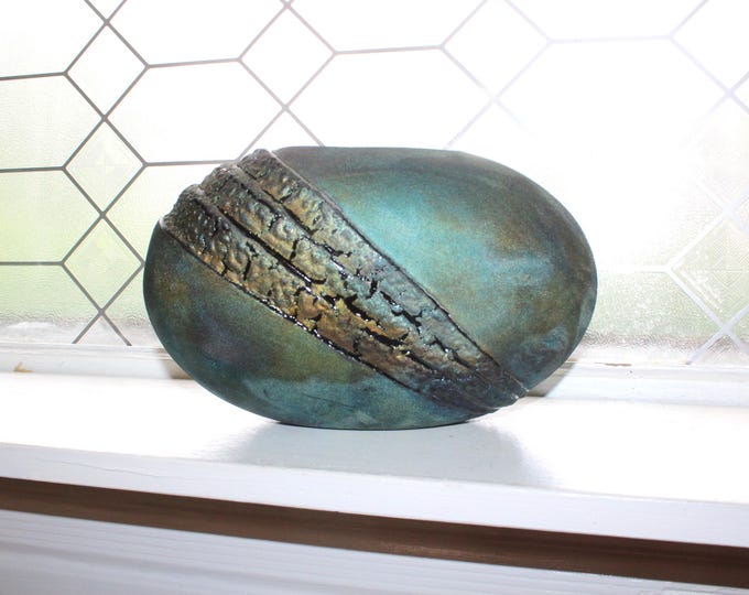 William K Turner Textured Raku Pottery Pillow Vase Copper Matte Glaze
