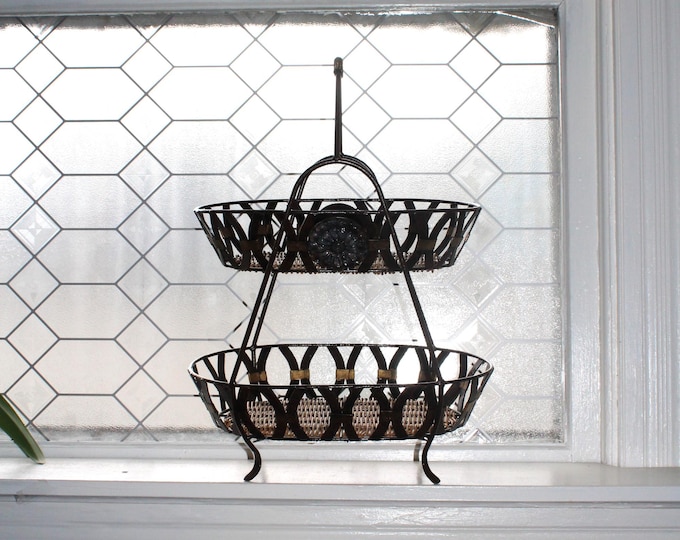 Large Iron and Wicker Basket Two Tier Stand