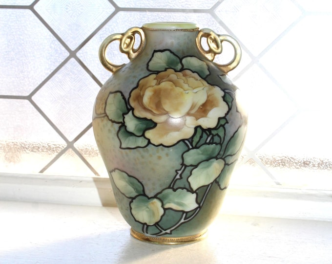 Antique Nippon Porcelain Vase Morimura Brothers Hand Painted Yellow Roses on Green