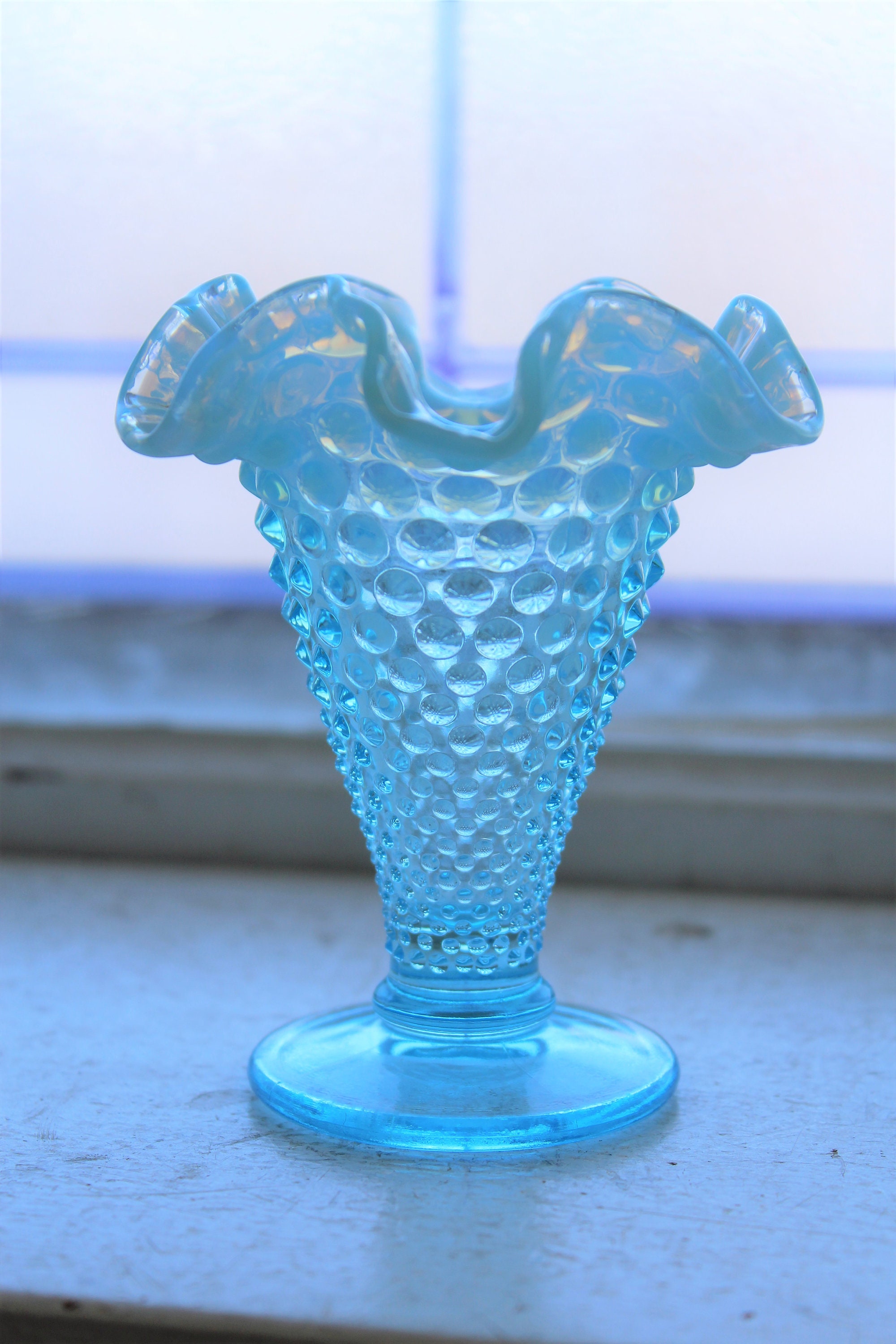 Vintage Glass Vase Fenton Blue Opalescent Hobnail