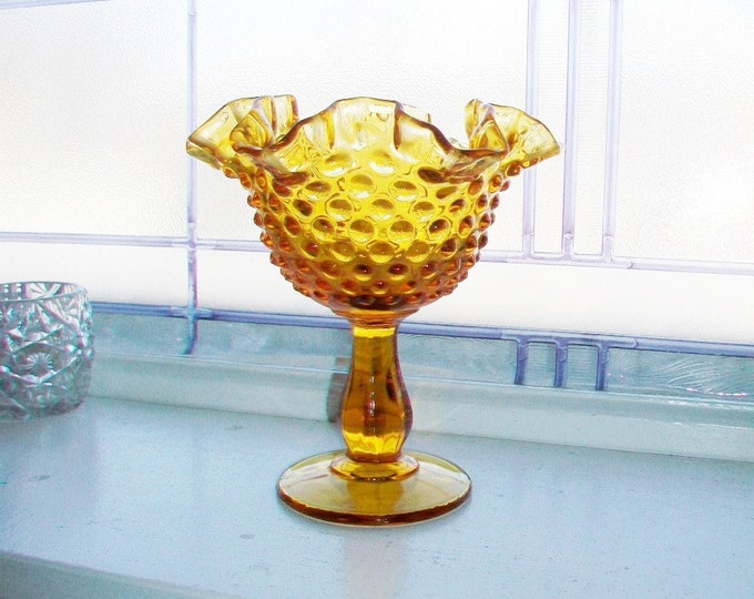 Vintage Fenton Amber Glass Hobnail Pedestal Dish Compote with Ruffled Edge