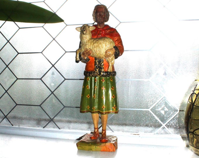 Large Vintage Carved Wood Italian Neapolitan Presepe Statue Woman Carrying Sheep