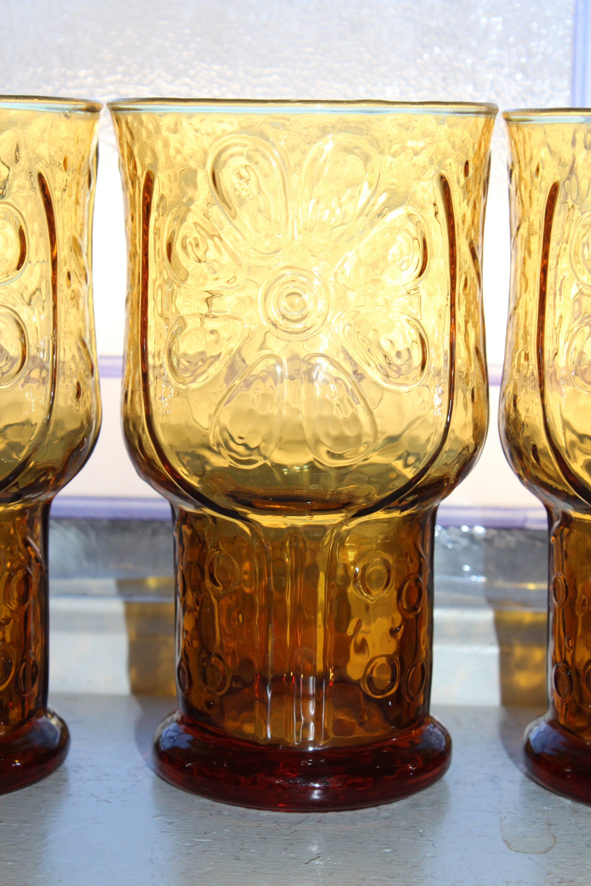 4 Vintage Amber Glass Tumblers Libbey Country Garden Flower