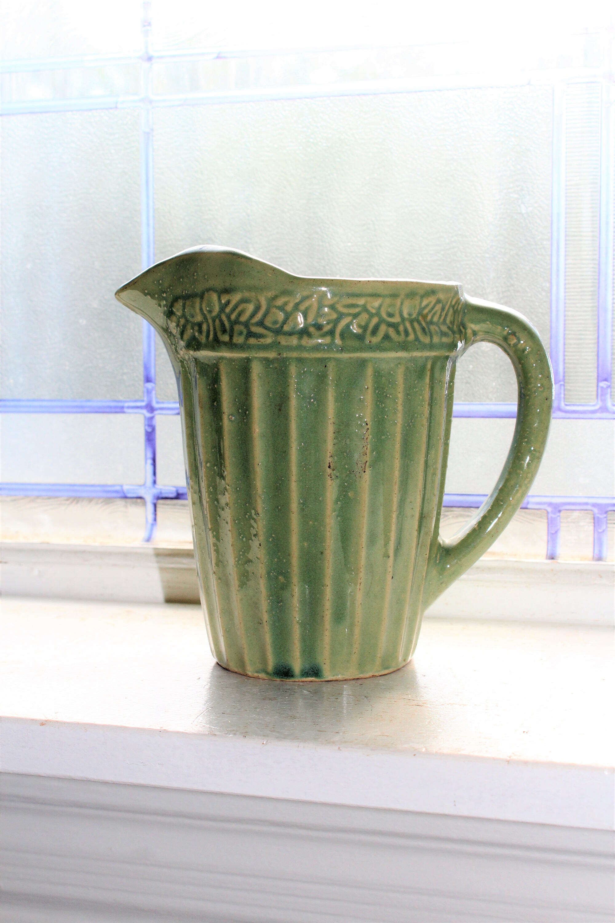 Vintage Green Stoneware Milk Pitcher Rustic Farmhouse Decor