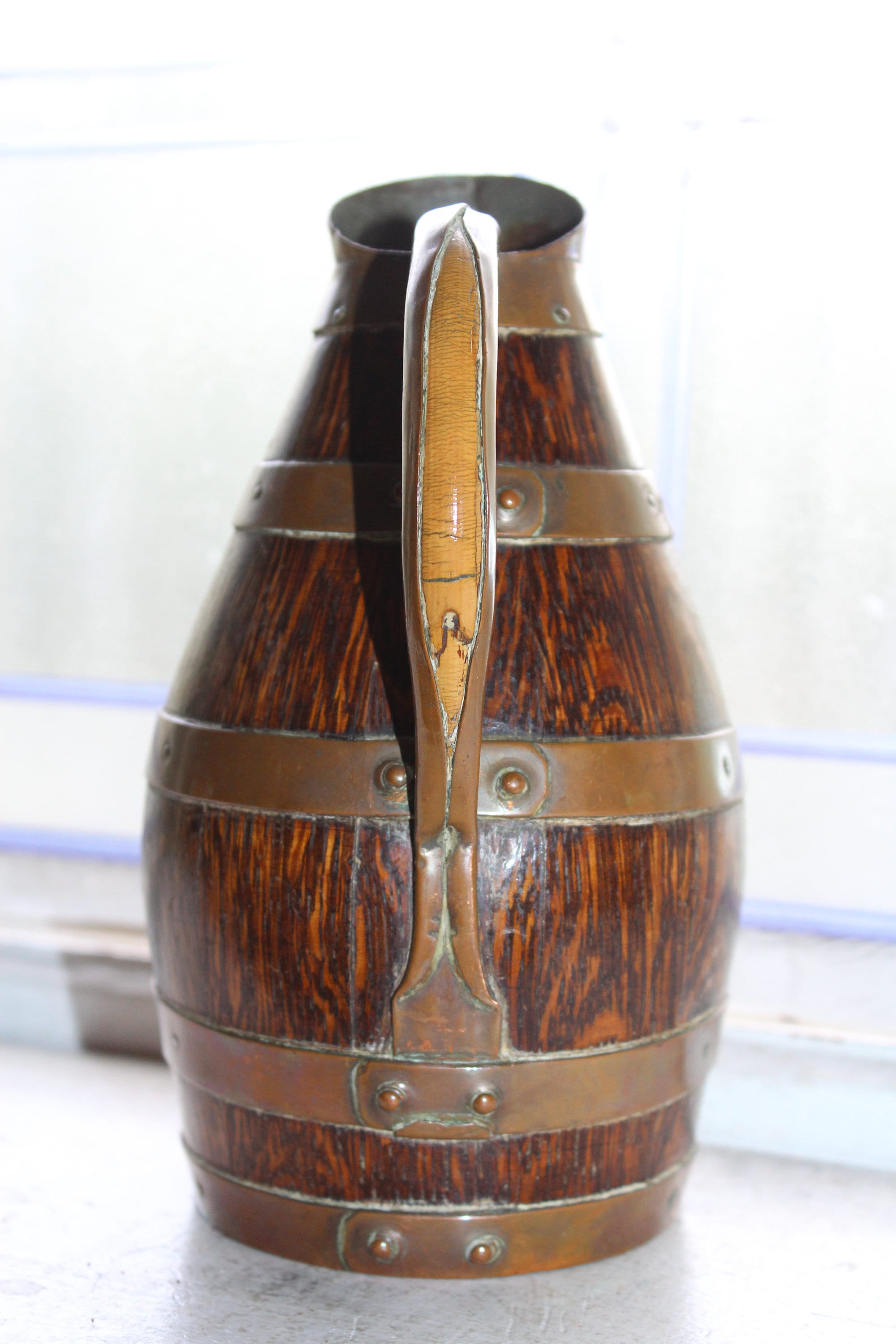 Antique French Wine Pitcher Barrel Carafe Oak and Copper