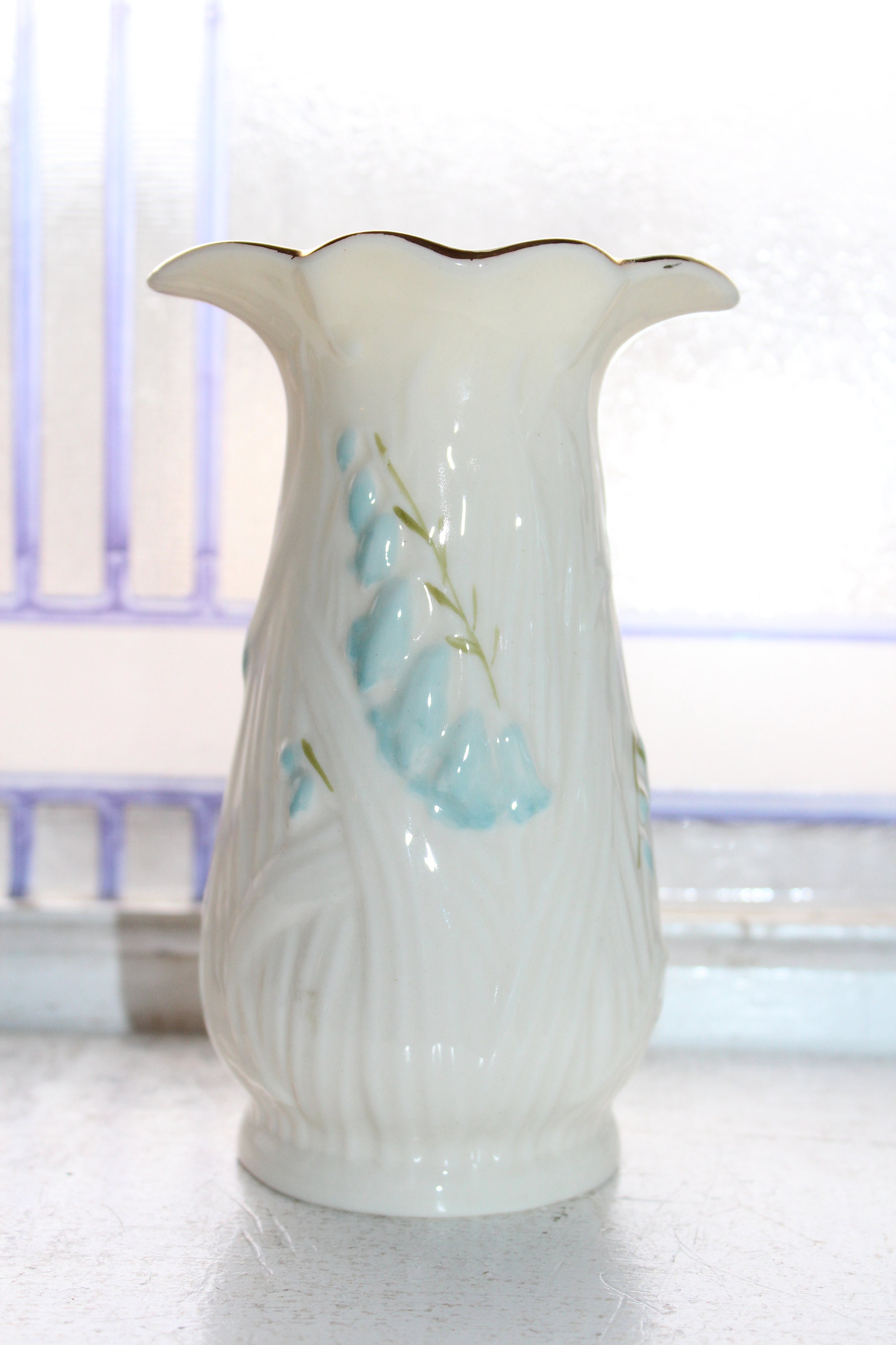 Vintage Irish Belleek Harebell Vase with Blue Bell Flowers Gold Mark