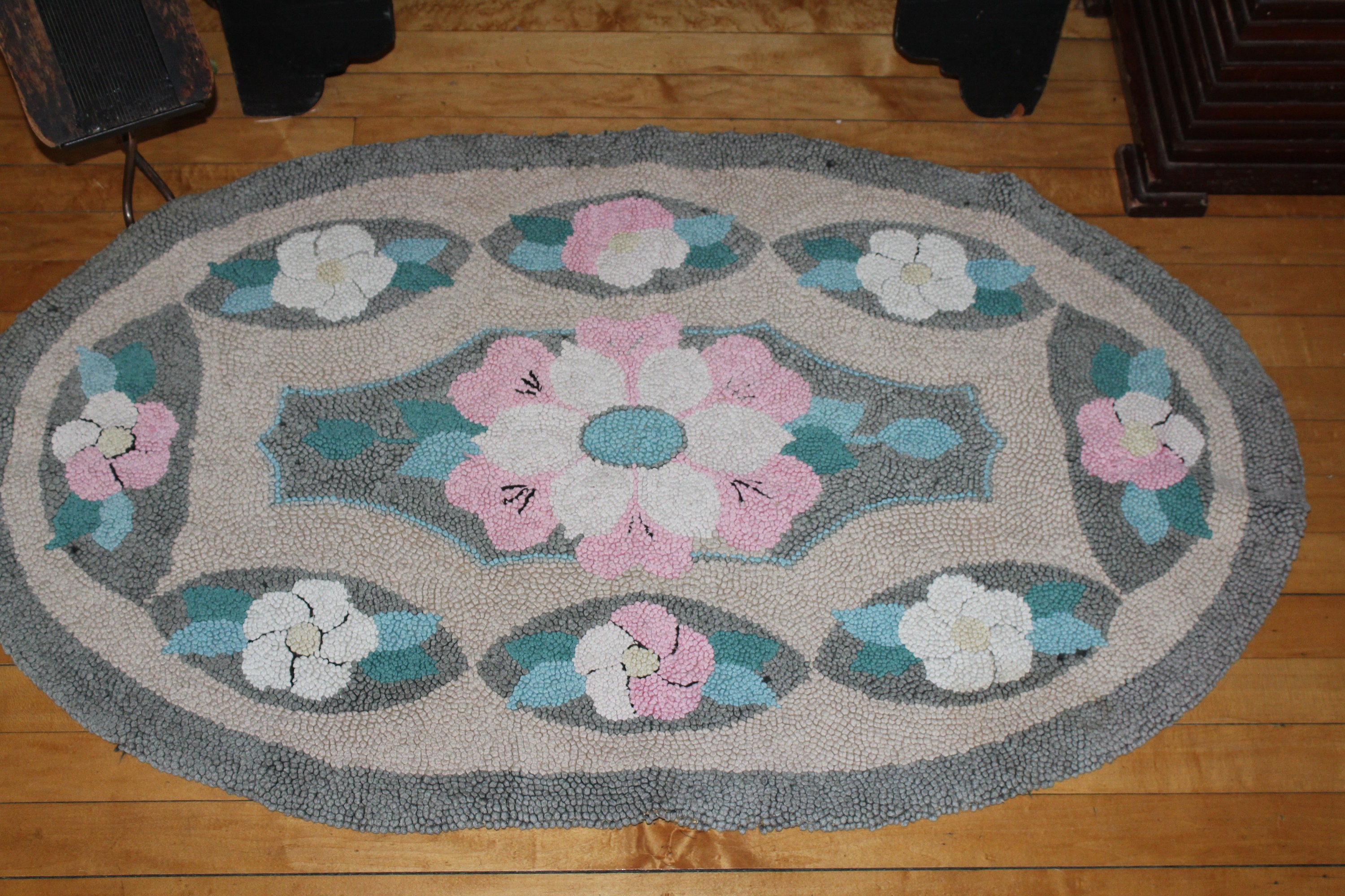 Large Hooked Rug Vintage 1940s 45 x 27 Inches Gray Pink & Blue Floral