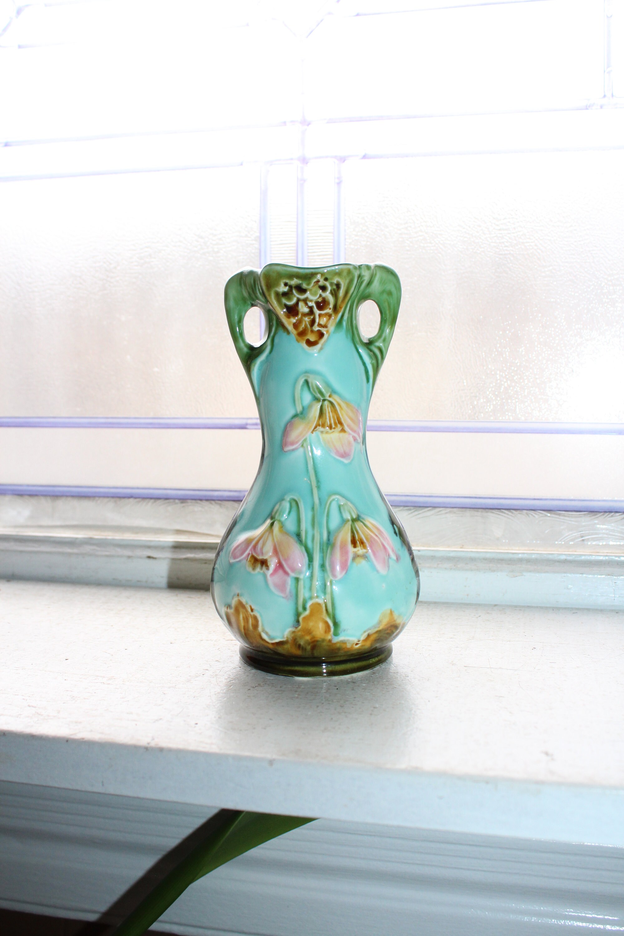 Antique Art Nouveau Majolica Vase Turquoise with Flowers Decoration