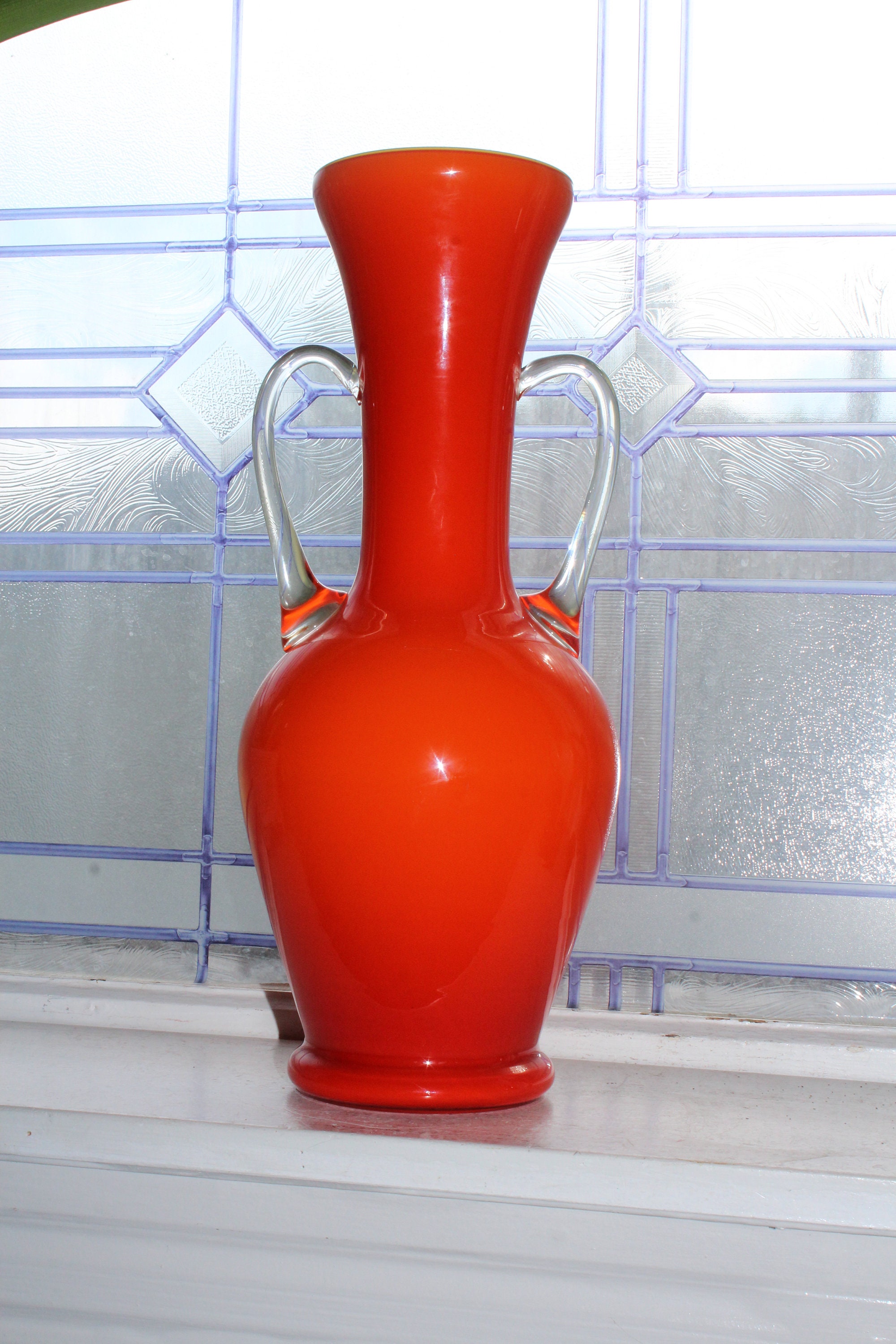 Vintage Italian Empoli Vase Orange Cased Glass Large with Handles 15