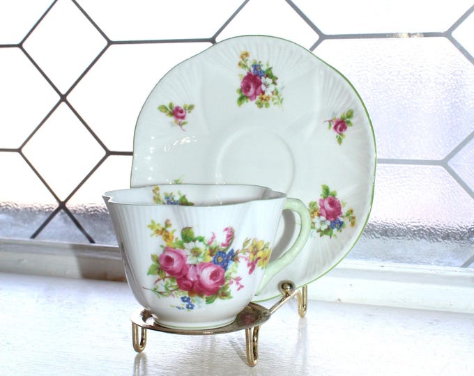Shelley Dainty Hulmes Rose Cup and Saucer w Pastel Green Trim