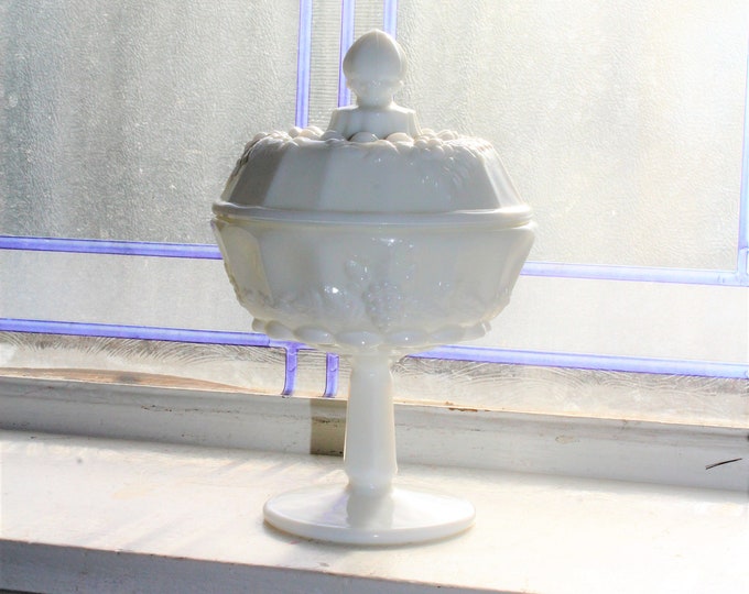 Vintage Westmoreland Grape Milk Glass Covered Compote