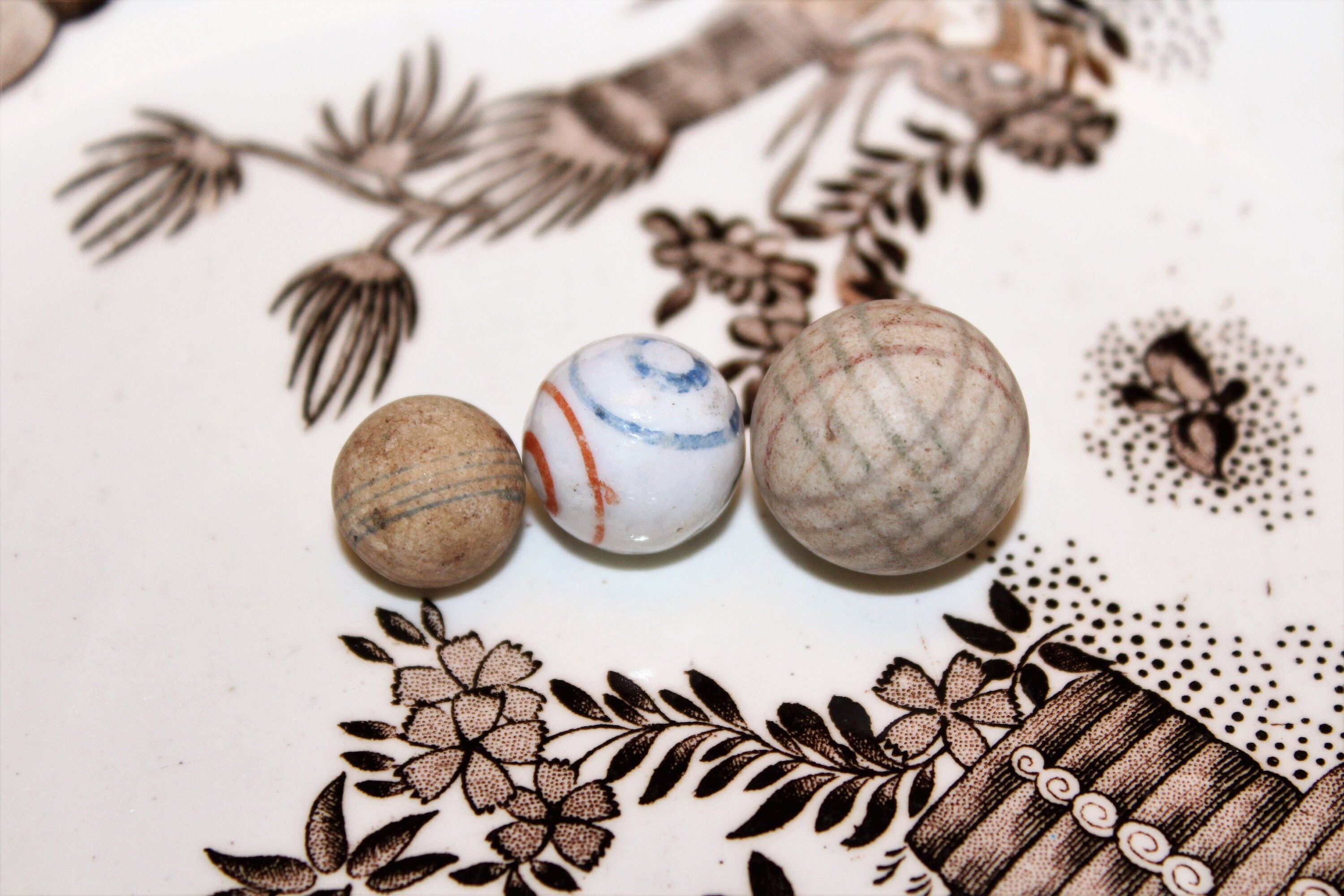 3 Antique China & Clay Marbles Hand Made Hand Painted Circa 1800s