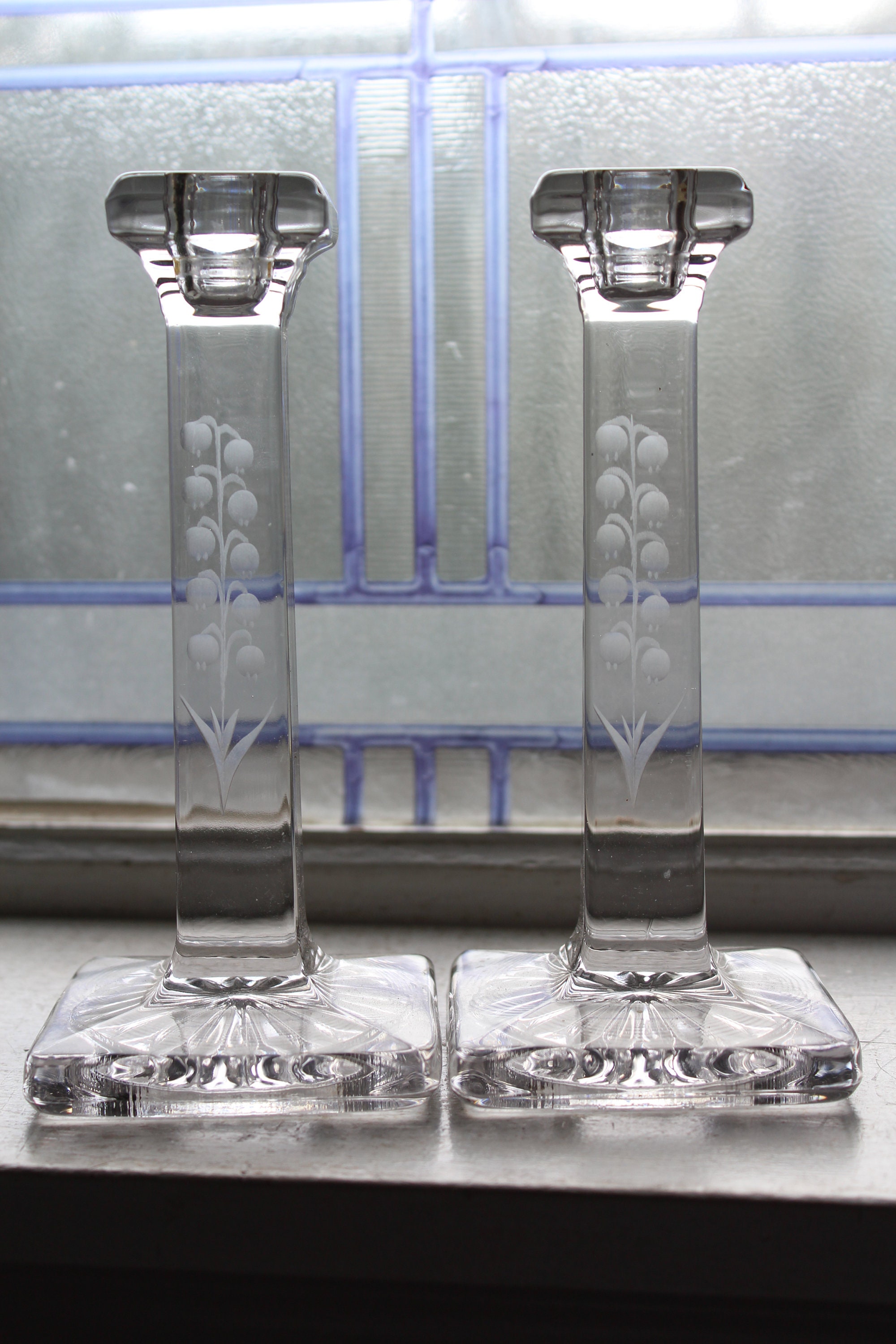 Pair of Etched Glass Candlestick Holders Vintage Glass Candle Holders