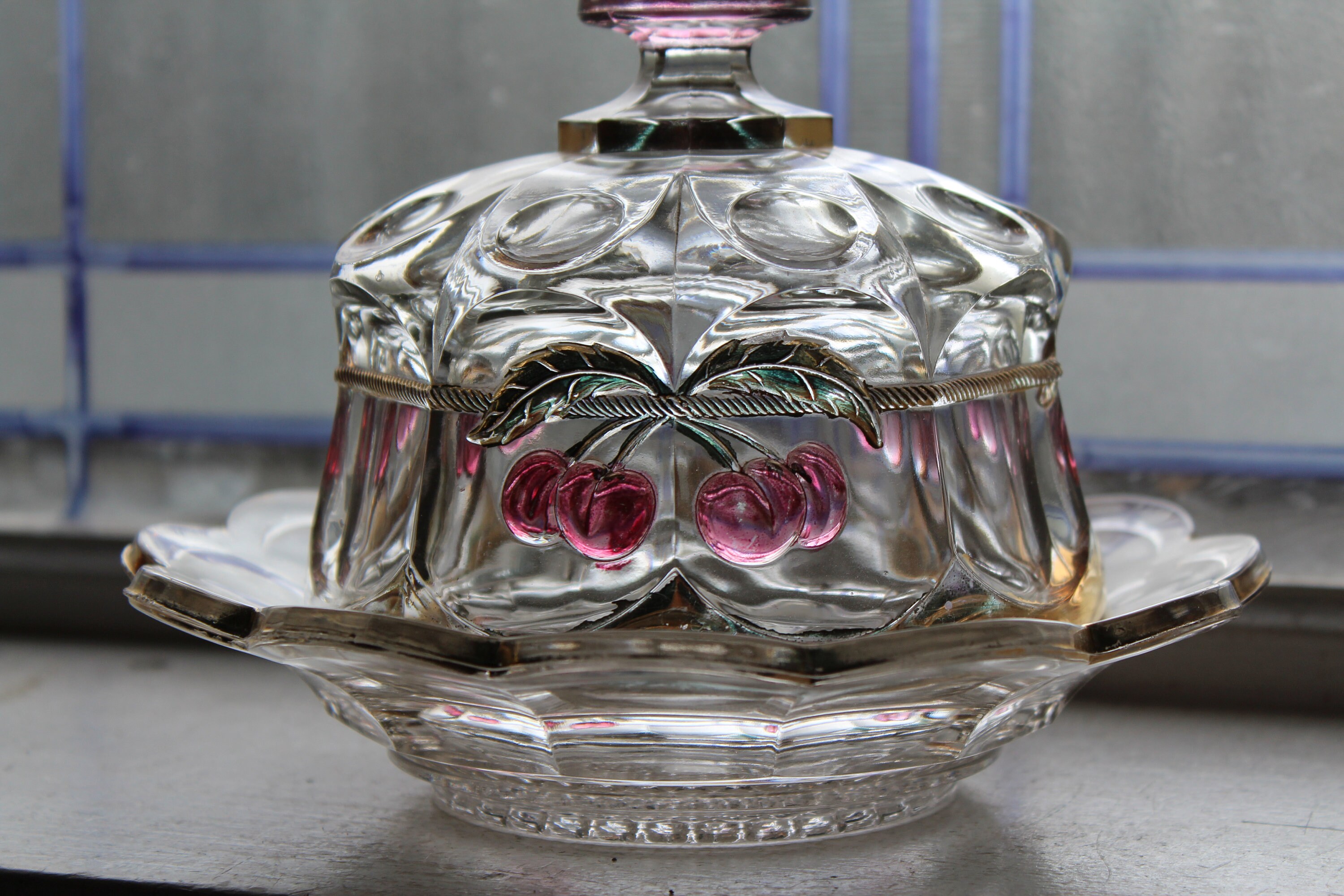 Northwood Glass Cherry and Cable Round Butter Dish Antique EAPG