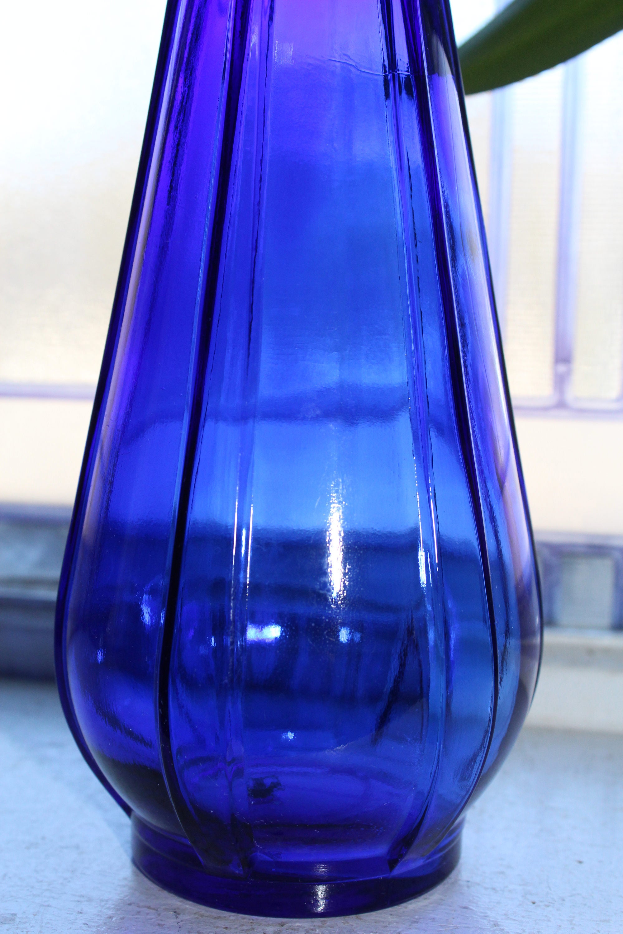 Art Deco Cobalt Blue Glass Large Ribbed Vase Vintage 1920s