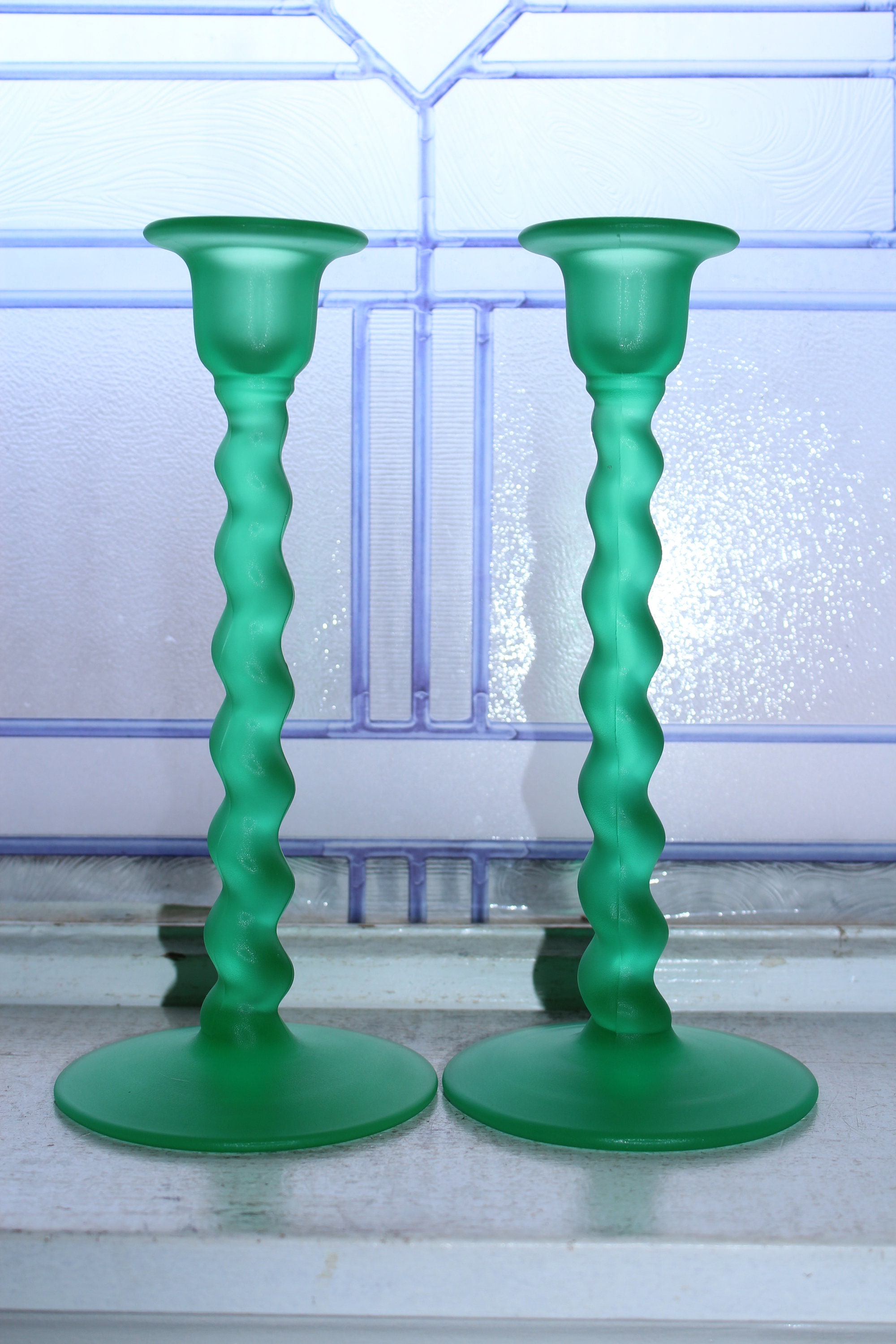 Vintage Tiffin Green Satin Glass Spiral Twist Candlestick Holder Pair