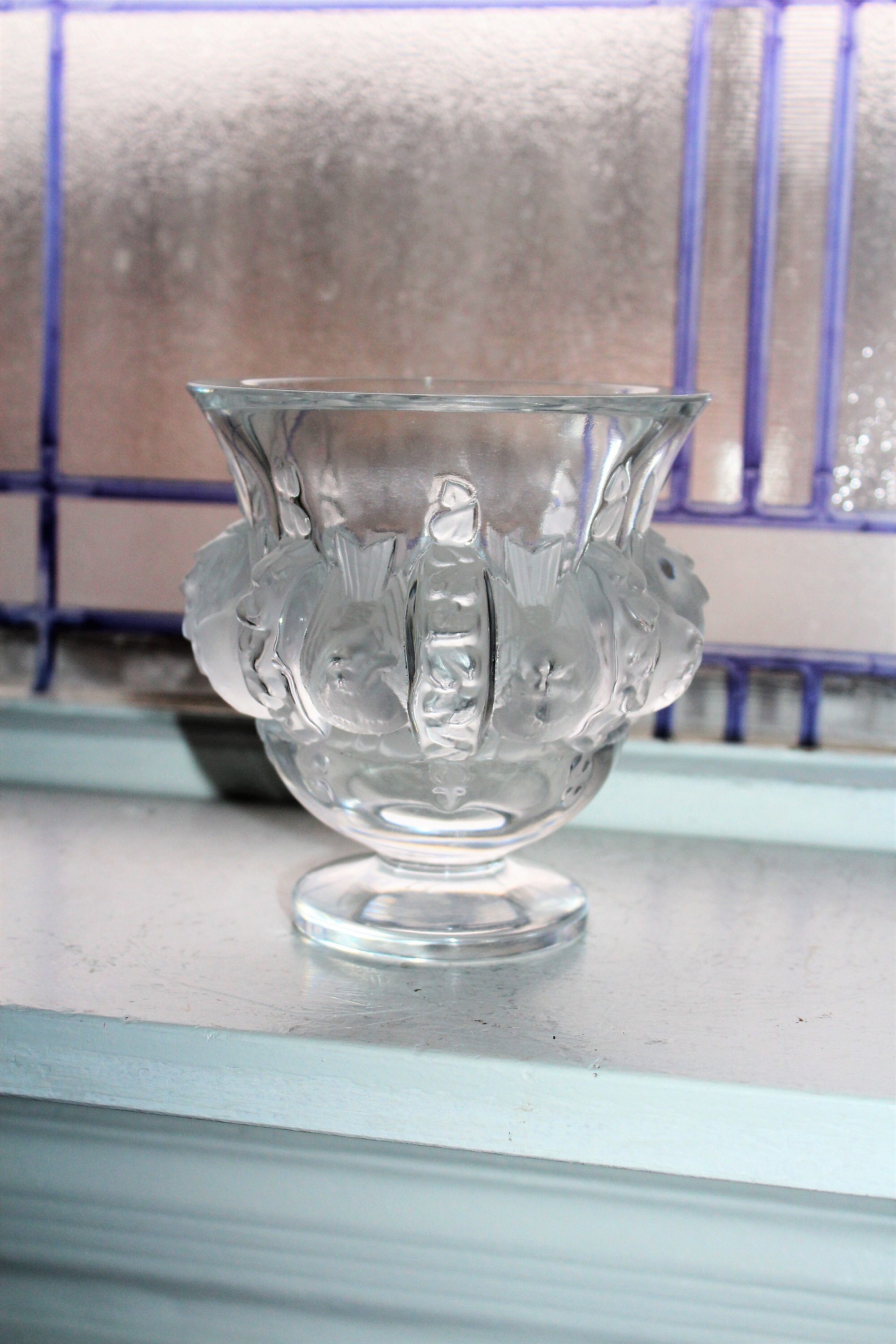 Vintage Lalique Crystal Dampierre Vase with Satin Birds and Vines