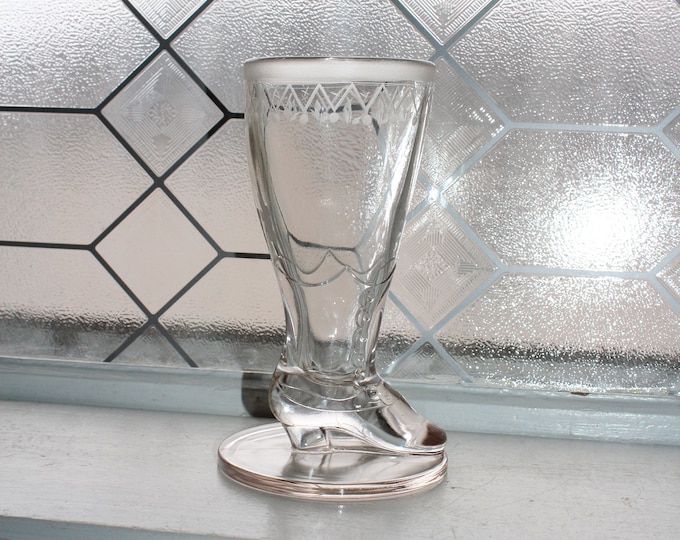 Antique Victorian Etched Glass Boot Vase Medium Size 7 1/8"