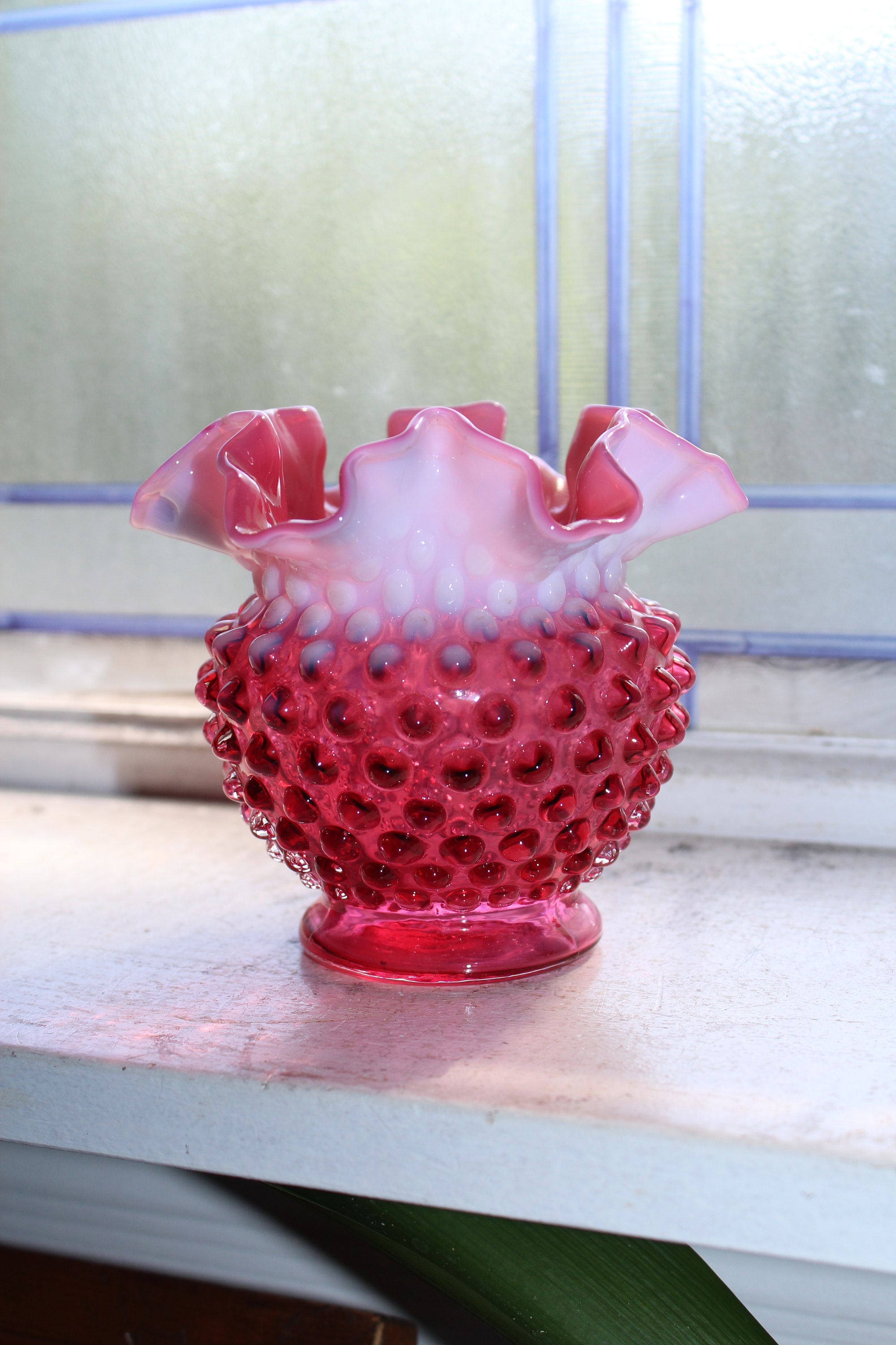 Fenton Hobnail Glass Vase Pink Cranberry Opalescent 1950s