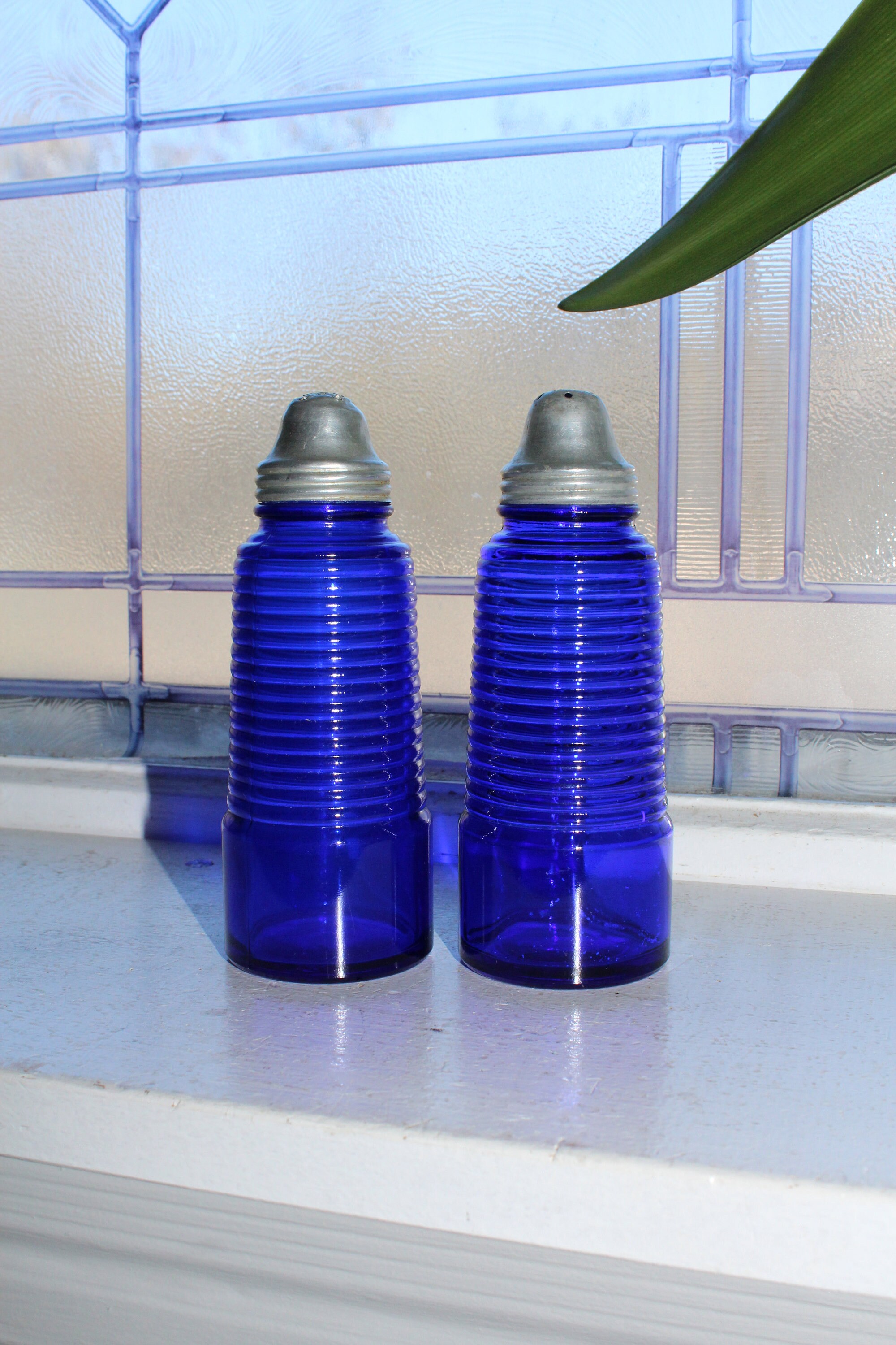 Cobalt Blue Salt and Pepper Shakers Ribbed Glass Vintage 1940s Etsy