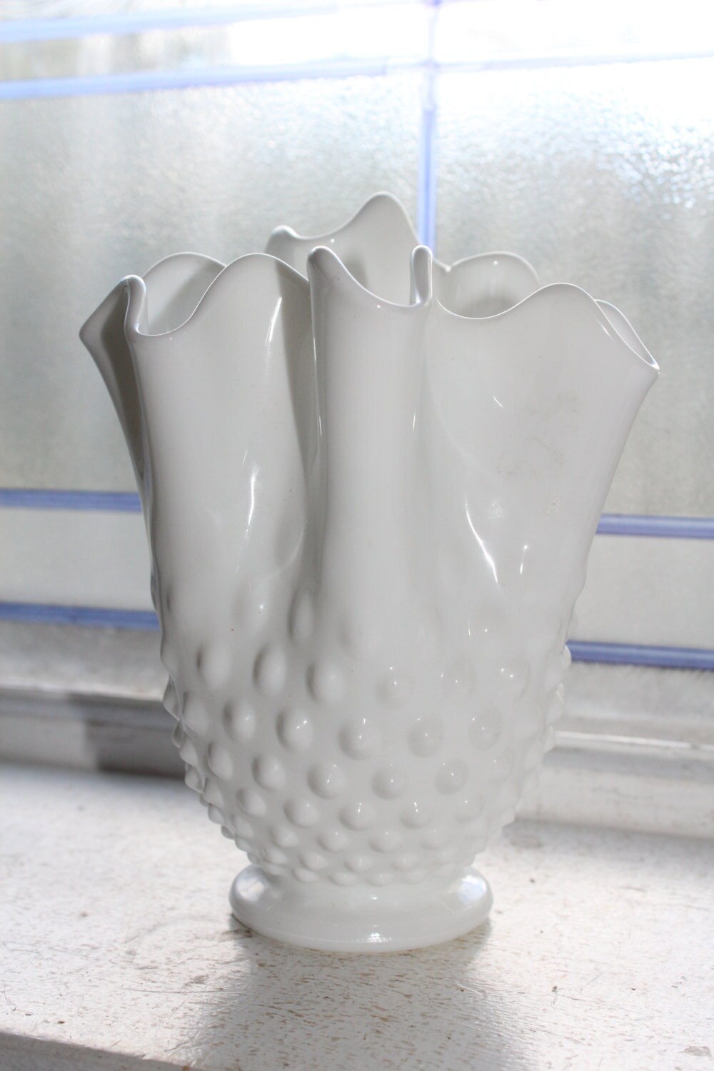 Fenton Milk Glass Hobnail Handkerchief Vase Swung Neck Vintage 1950s