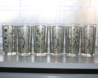 6 Vintage Mid Century Libbey Glass Tumblers Sea Foam Green & Gold Trees