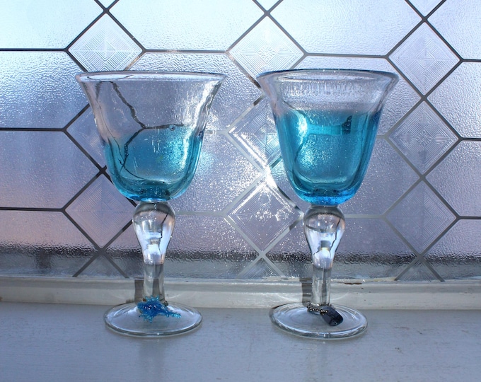 2 Pier 1 Aqua Pattern Ombre Blue Water or Wine Goblets Glasses Air Bubbles