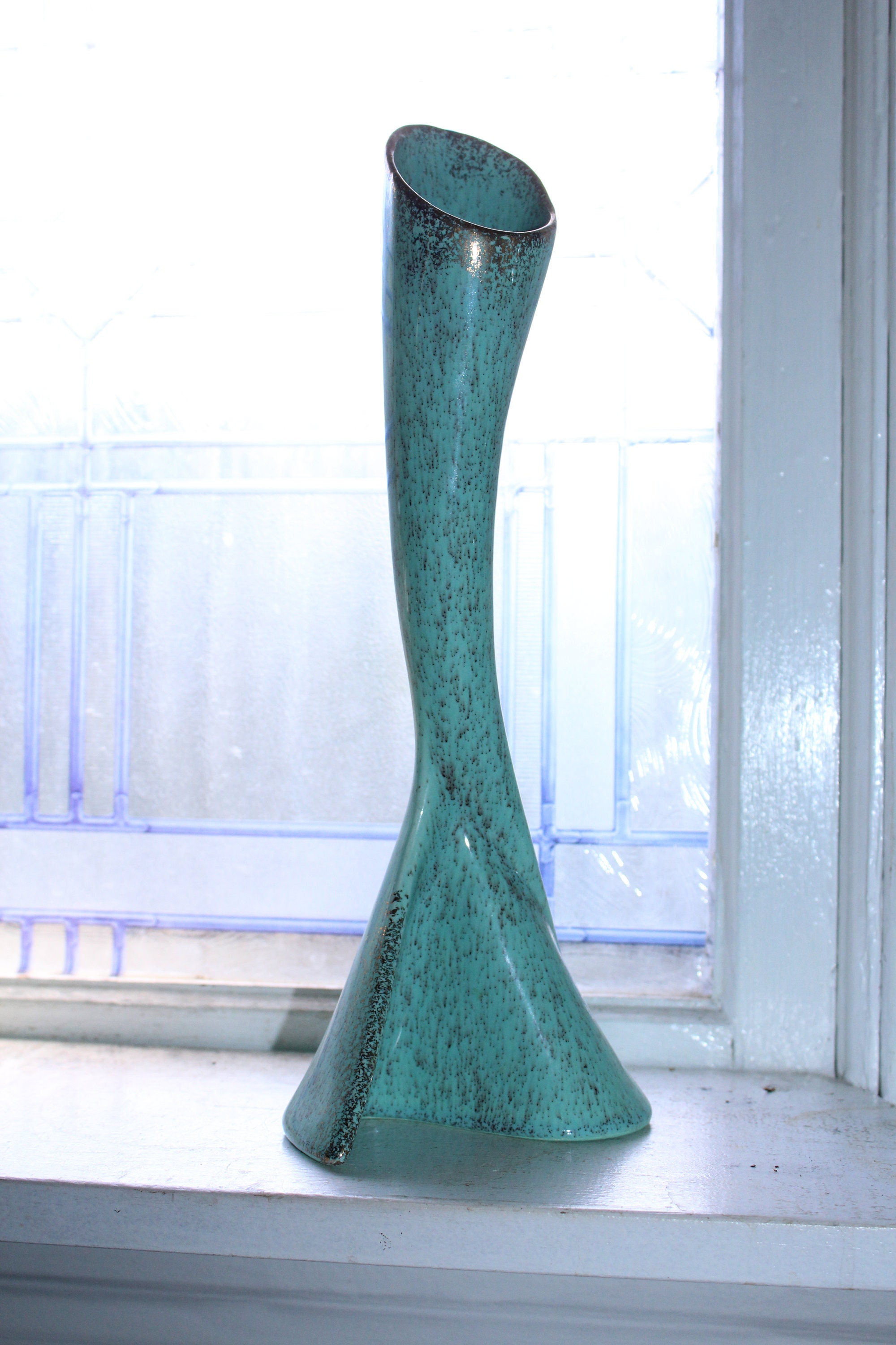 Large Mid Century Modern Turquoise Vase with Gold Speckles