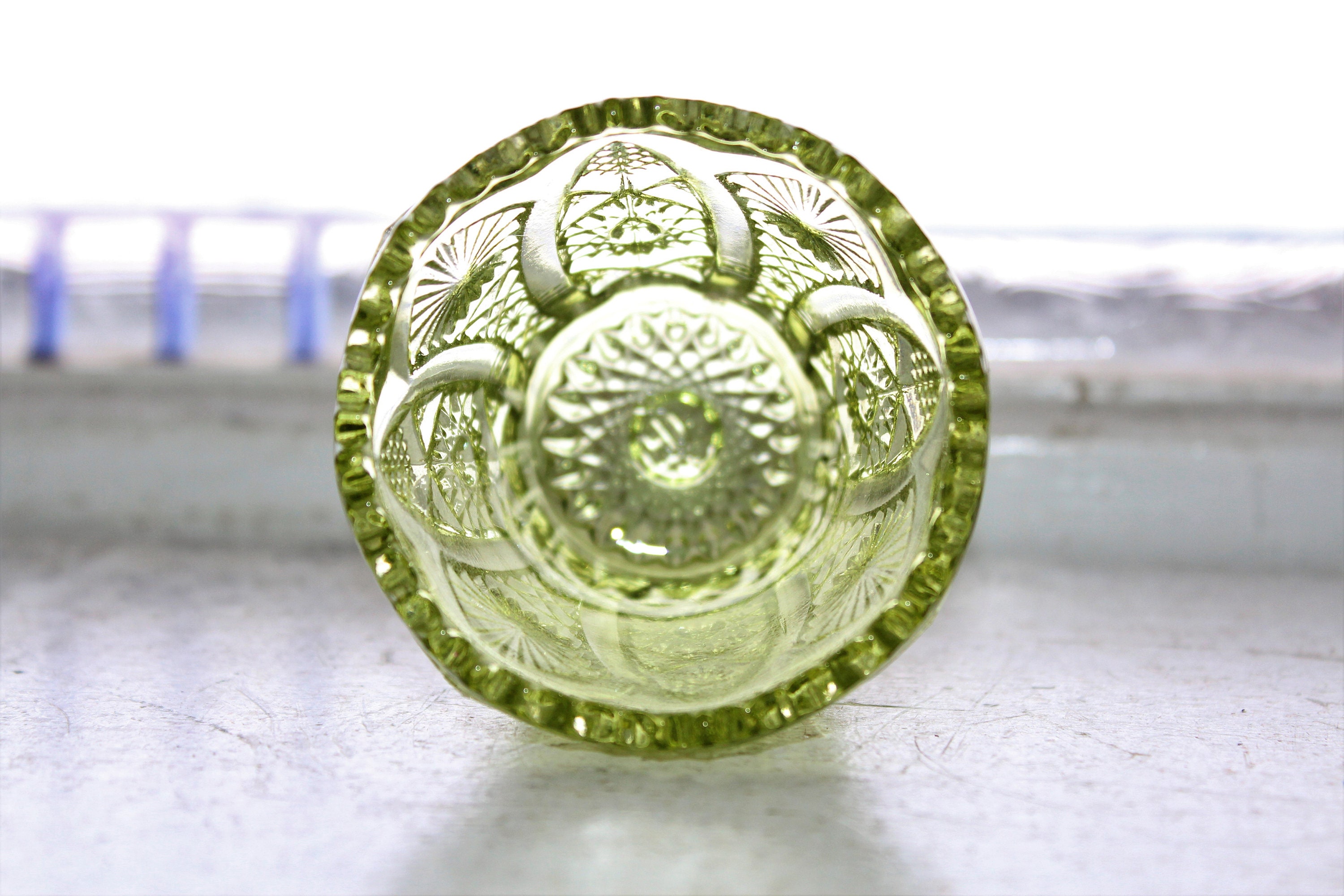 Imperial Glass Green Toothpick Holder Sawtooth Daisy and Button