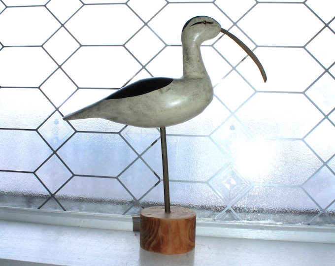 Vintage Carved Wood Bird Statue Long Billed Curlew 13"