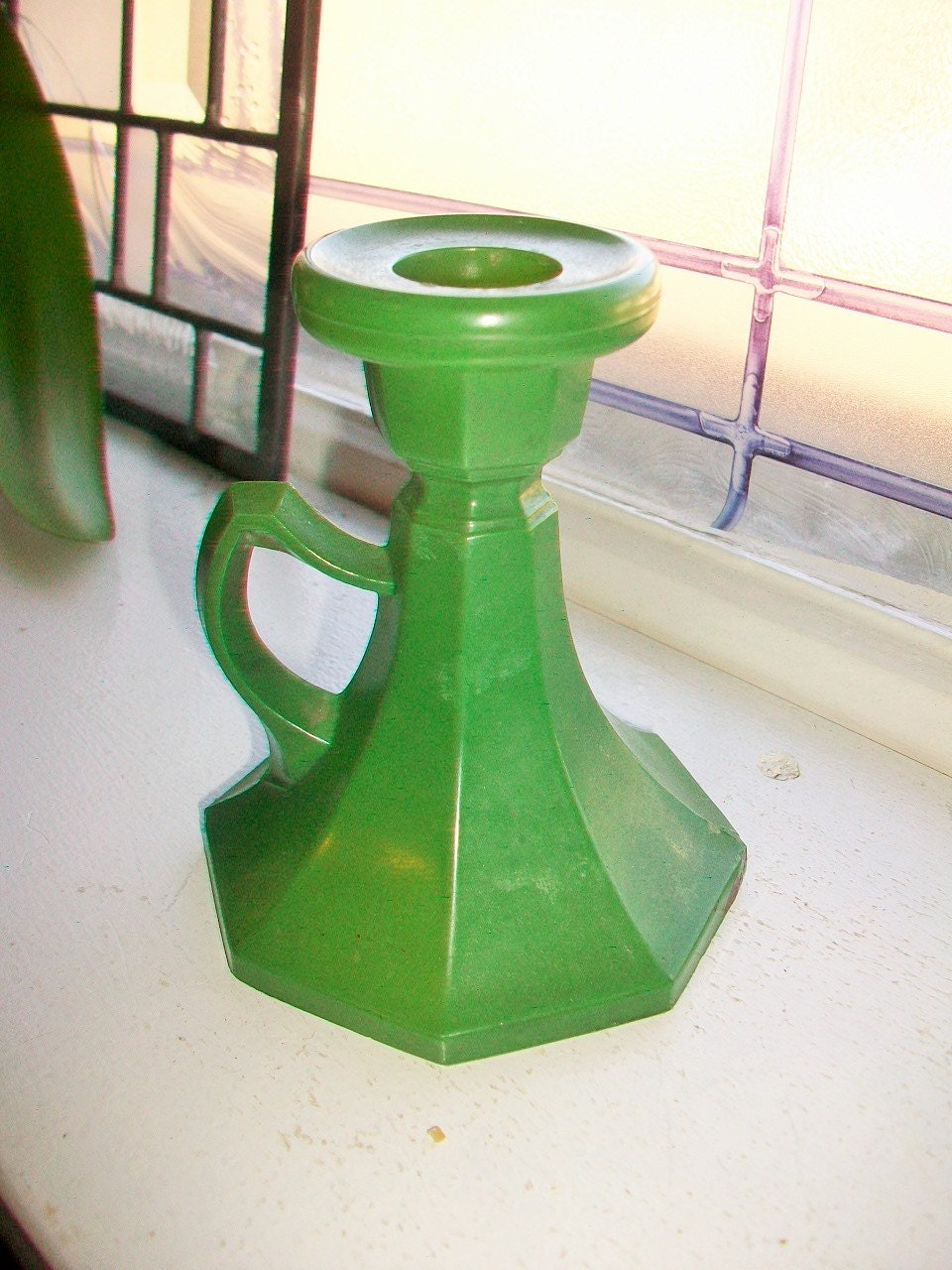 Green Glass Chamber Stick Candle Holder Vintage 1930s