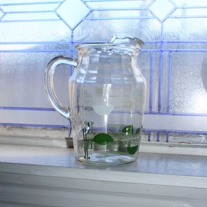 Mid Century Glass Pitcher with Ice Lip Green and White Vintage 1950s