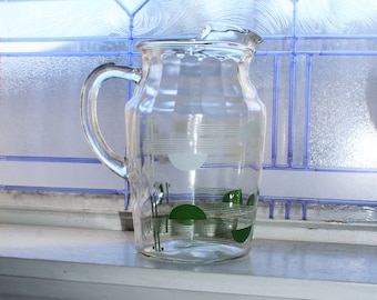 Mid Century Glass Pitcher with Ice Lip Green and White Vintage 1950s