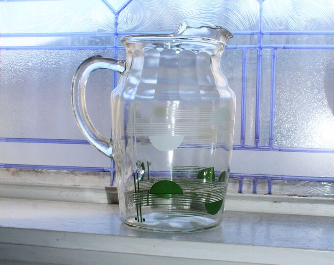 Mid Century Glass Pitcher with Ice Lip Green and White Vintage 1950s