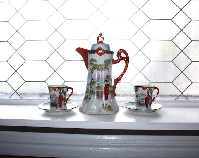 Antique Japanese TT Takito Geisha Ware Chocolate Pot with 2 Cups and Saucers