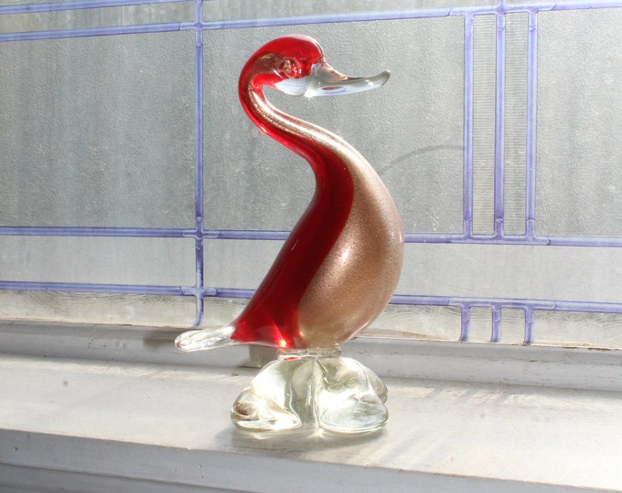 Large Vintage Murano Glass Goose Figurine Red & Aventurine Gold Flecks
