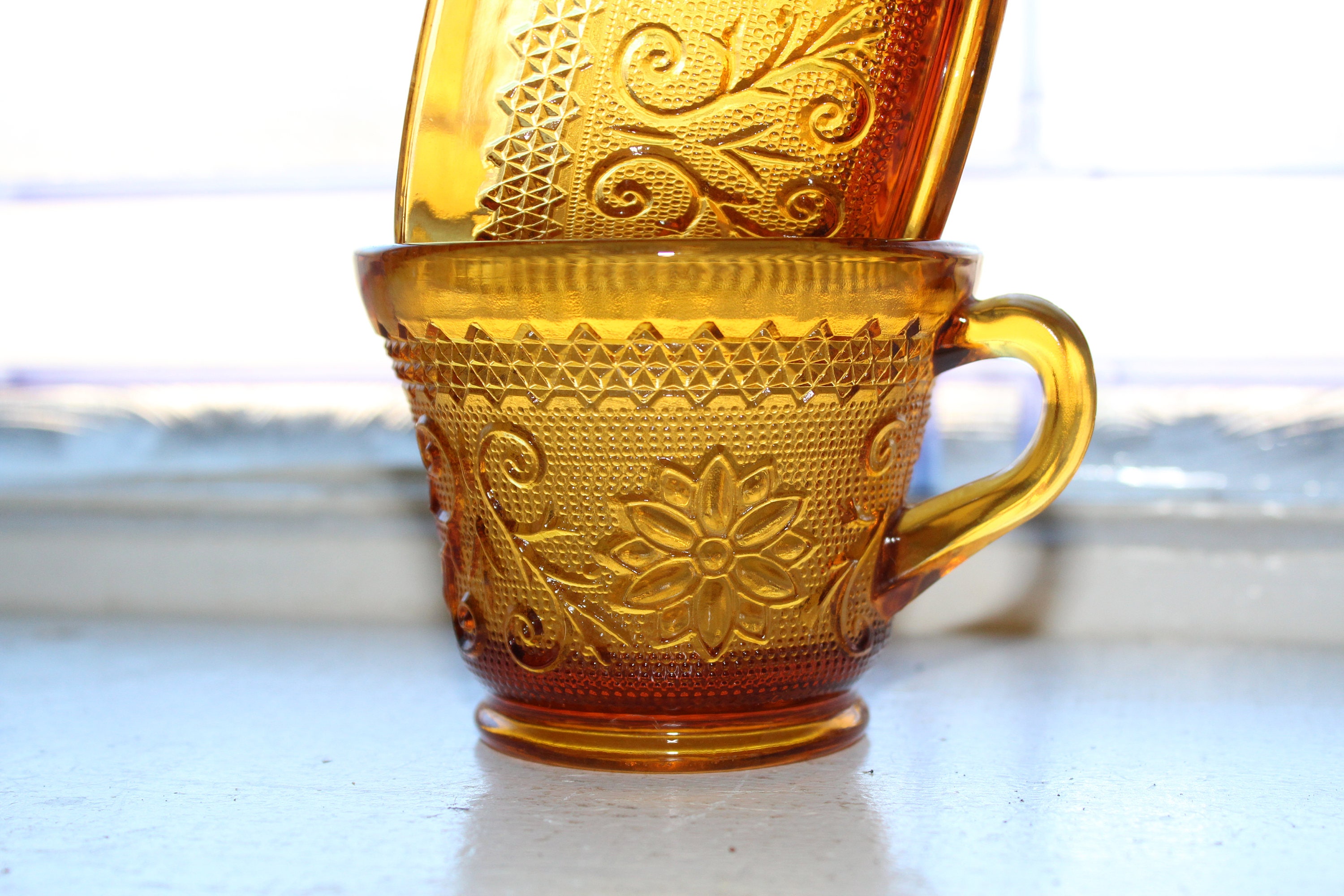 Amber Brown Depression Glass Cups Pair Sandwich Glass