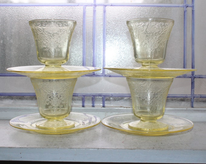 4 Vintage Yellow Depression Glass Sherbets & Plates Florentine No. 2 Poppy