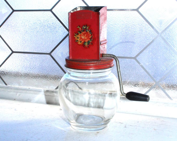 Vintage 1940s Hazel Atlas Nut Chopper Glass Jar with Red Metal Lid
