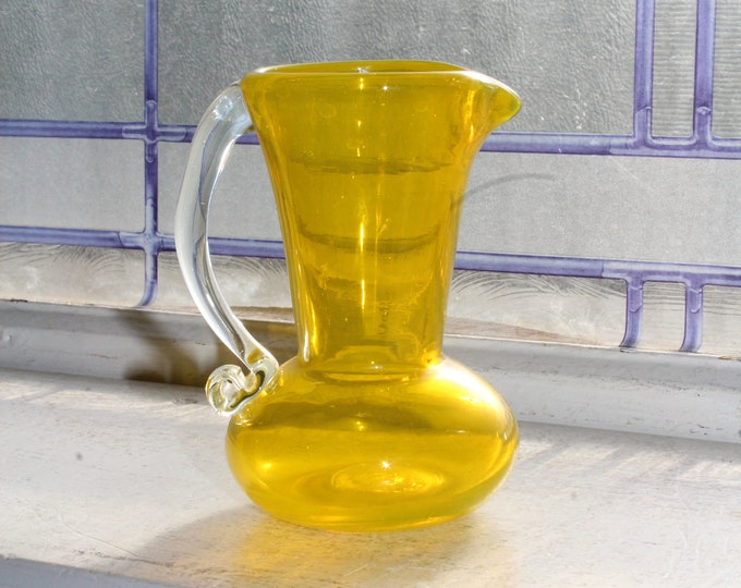 Vintage Vaseline Glass Small Pitcher with Applied Handle