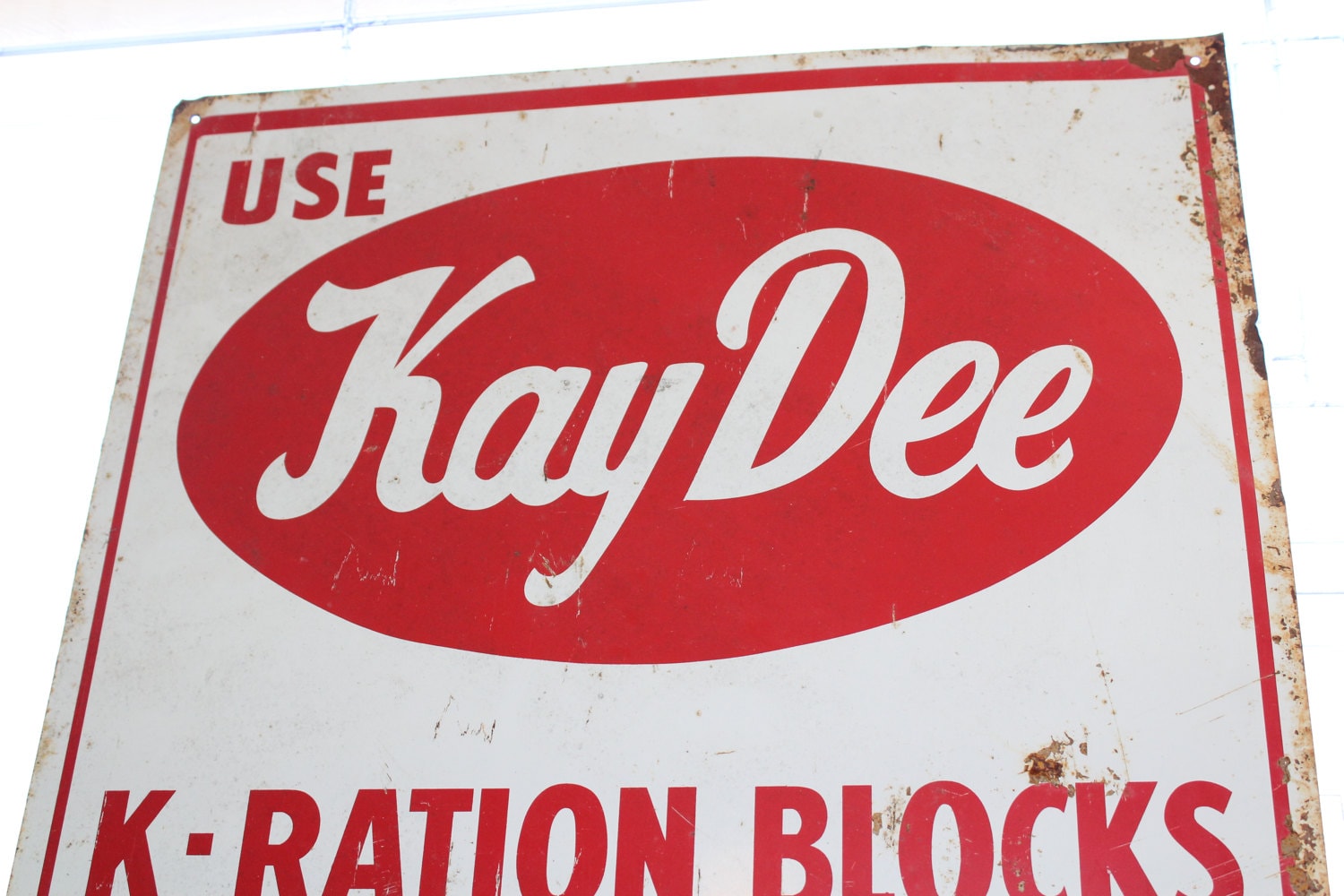 Vintage Tin Farm Sign Kay Dee K Ration Blocks Red and White