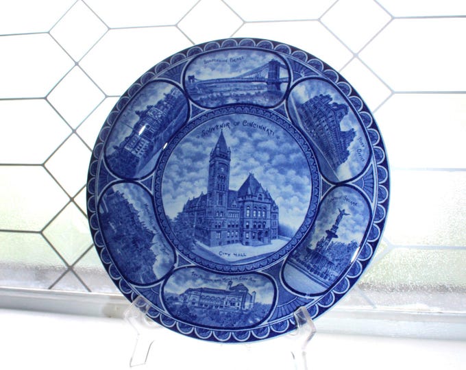 Antique Flow Blue Plate Cincinnati Souvenir by Rowland & Marsellus