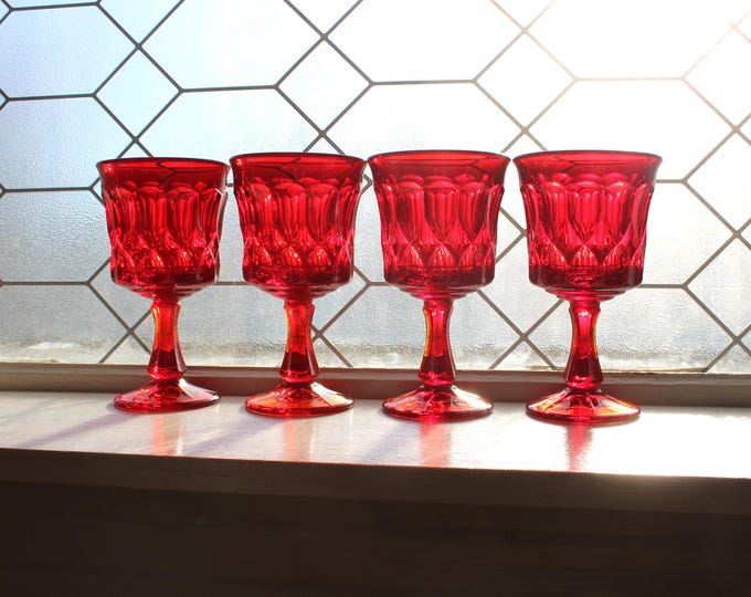 4 1970s Red Glass Water Goblets Noritake Perspective