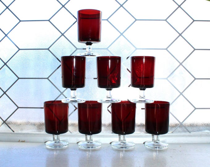 8 French Luminarc Cavalier Ruby Red Wine Glasses Vintage 1970s