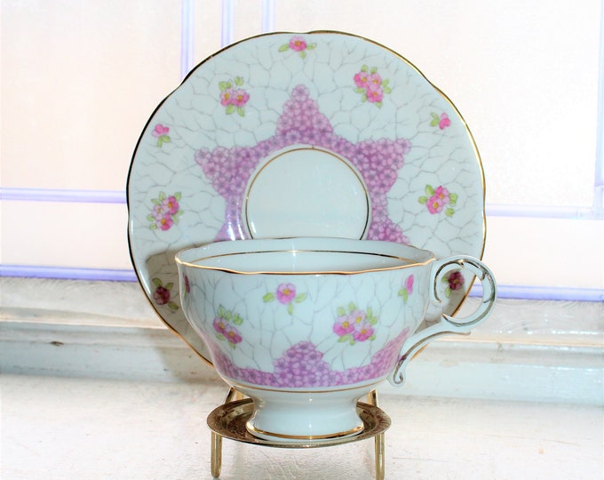 Adderley Tea Cup and Saucer Pink Chintz Painted Blossoms Vintage 1930s