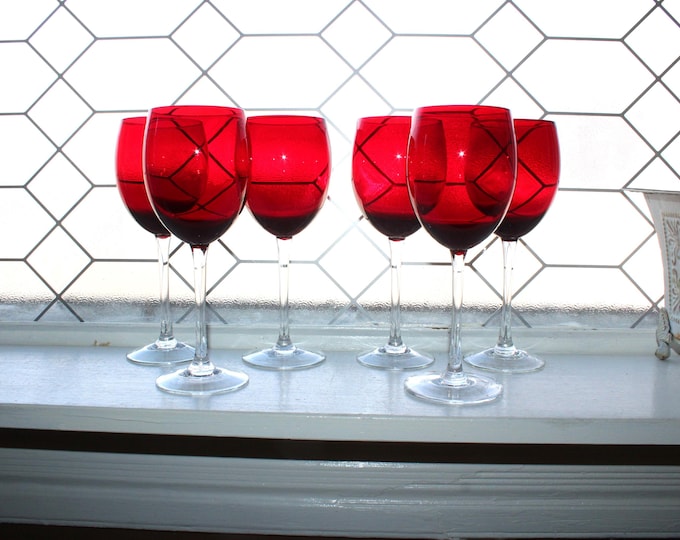 6 Vintage Holiday Ruby Red Wine Glasses 8 1/2"